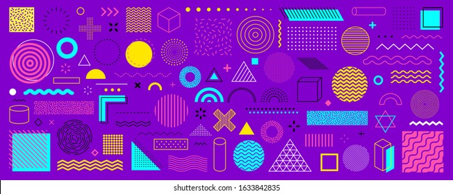 Set of 100 geometric shapes. Memphis design, retro elements for web, vintage, advertisement, commercial banner, poster, leaflet, billboard, sale. Collection trendy halftone vector geometric shapes.