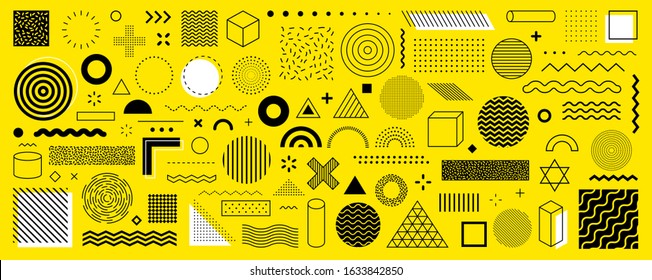 Set of 100 geometric shapes. Memphis design, retro elements for web, vintage, advertisement, commercial banner, poster, leaflet, billboard, sale. Collection trendy halftone vector geometric shapes.