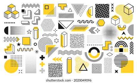 Set of 100 geometric shapes. Memphis design, retro elements for web, vintage, advertisement, commercial banner, poster, leaflet, billboard, sale. Collection trendy halftone vector geometric shapes