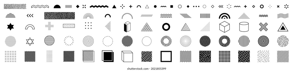 Set of 100 geometric shapes. Memphis design, retro elements for web, vintage, advertisement, commercial banner, poster, leaflet, billboard, sale. Collection trendy halftone vector geometric shapes.