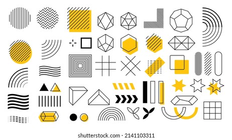 Conjunto de 100 formas geométricas. Diseño de Memphis, elementos retro para web, vintage, publicidad, banner comercial, afiche, volante, cartel, venta. Colección de formas geométricas vectoriales de medio tono de moda.