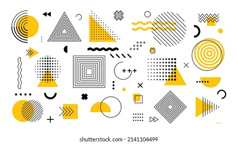 Set of 100 geometric shapes. Memphis design, retro elements for web, vintage, advertisement, commercial banner, poster, leaflet, billboard, sale. Collection trendy halftone vector geometric shapes.