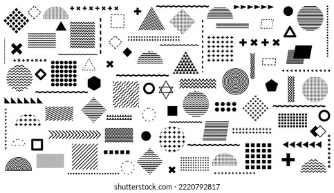 Set 100 geometric shapes. Memphis design, retro elements for web, vintage, advertising, commercial banners, posters, flyers, billboards, sales. Trendy collection of halftone vectors of geometric shape