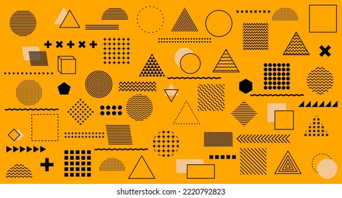 Establezca 100 formas geométricas. Diseño de Memphis, elementos retro para web, vintage, publicidad, banners comerciales, afiches, volantes, carteles, ventas. Colección a la moda de vectores de medio tono de forma geométrica