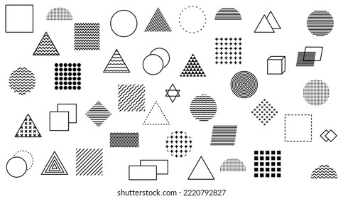 Set 100 geometric shapes. Memphis design, retro elements for web, vintage, advertising, commercial banners, posters, flyers, billboards, sales. Trendy collection of halftone vectors of geometric shape