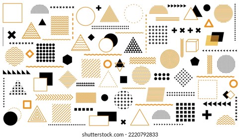 Legen Sie 100 geometrische Formen fest. Memphis-Design, Retro-Elemente für Web, Vintage, Werbung, Werbebanner, Plakate, Flyer, Plakate, Werbeplakate, Verkäufe. Trendy Kollektion von Halbtonvektoren geometrischer Form