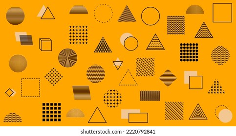 Set 100 geometric shapes. Memphis design, retro elements for web, vintage, advertising, commercial banners, posters, flyers, billboards, sales. Trendy collection of halftone vectors of geometric shape