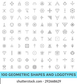 Set of 100 geometric shapes. Trendy hipster background and logotypes. Religion, philosophy, spirituality, occultism symbols collection