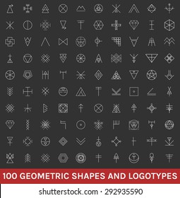 Set of 100 geometric shapes. Trendy hipster background and logotypes. Religion, philosophy, spirituality, occultism symbols collection