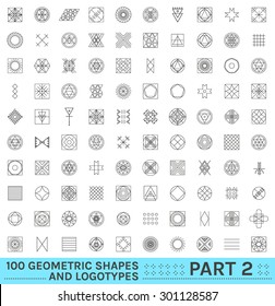 Set of 100 geometric shapes. Trendy hipster background and logotypes. Religion, philosophy, spirituality, occultism symbols collection