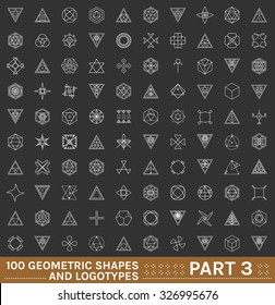 Set of 100 geometric shapes. Trendy hipster icons and logotypes. Religion, philosophy, spirituality, occultism symbols collection