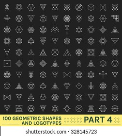 Set of 100 geometric shapes. Trendy hipster icons and logotypes. Religion, philosophy, spirituality, occultism symbols collection