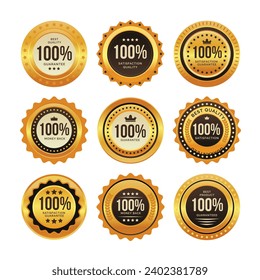 Set of 100% Gold Seal Labels Collection, Golden luxury labels, gold premium quality certificate emblems badges, Luxury and premium quality sticker tags and banners best product seals with golden crown