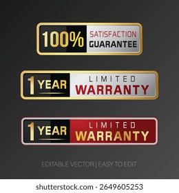Conjunto de garantia de 100%, garantia de 1 ano, garantia oficial e Hexágono do produto original emblemas Design de etiqueta vetor, emblemas de ouro e vermelho.