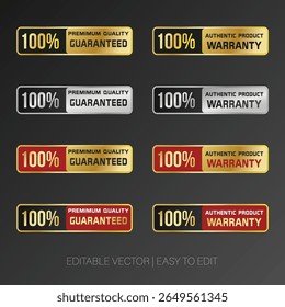 Conjunto de garantia de 100%, qualidade Premium e emblemas Hexágono do produto original Projeto de etiqueta do vetor, emblemas de ouro e prata