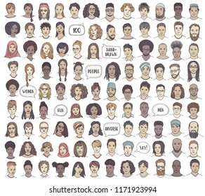 Set of 100 hand drawn faces, colorful and diverse portraits of people of different ethnicities