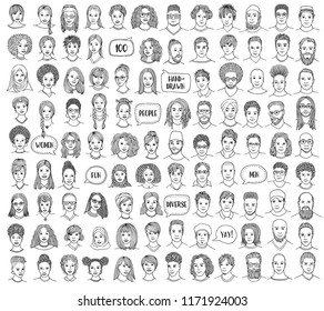 Set of 100 hand drawn faces, colorful and diverse portraits of people of different ethnicities, black and white illustration