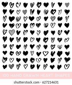 A set of 100 hand drawn heart shapes in black, isolated on white background, perfect for greeting cards, wedding invitations, posters, gift warp, etc.