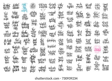 set of 100 hand lettering inscription positive quotes, motivation and inspiration phrases about life, business, healthy and other, calligraphy vector illustration big collection