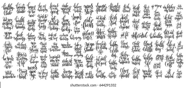 set of 100 hand lettering inscriptions about healthy life and fitness to motivation quotes posters, black and white inspirational text, calligraphy vector illustration collection