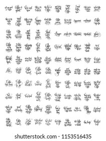 set of 100 hand lettering quotes about coffee drink for coffee shop design, calligraphy vector illustration collection