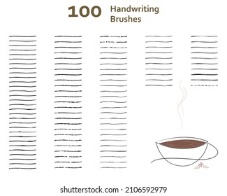 Set of 100 handwriting art brush for illustrator, drawing, anime, manga, story book, calligraphy, sumi-e, text font hand writing. Created using AI CS6.