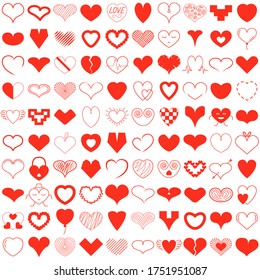 Set of 100 heart icon. Vector collection.