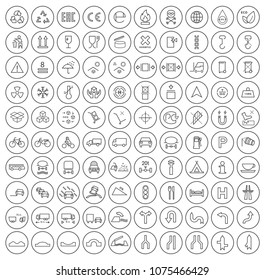 Set of 100 High Quality Standard Universal Minimal Packaging and Traffic Black Icons on Circular Buttons on White Background . Isolated Vector Elements
