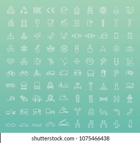Set of 100 High Quality Standard Universal Minimal Packaging and Traffic White Icons on Color Background . Isolated Vector Elements