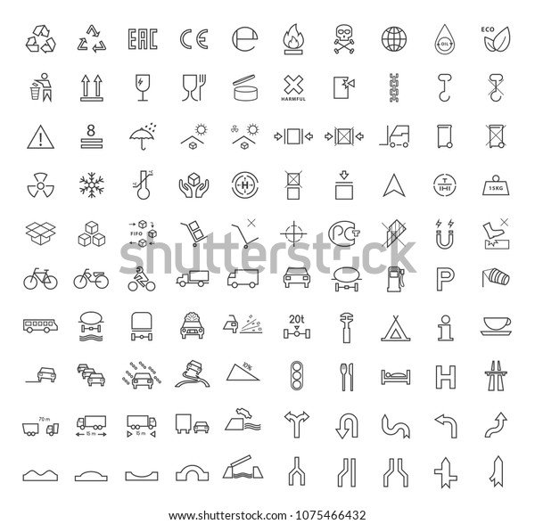 Set of 100 High Quality Standard Universal\
Minimal Packaging and Traffic Black Icons on White Background .\
Isolated Vector Elements