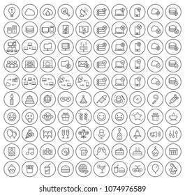 Set of 100 High Quality Universal Standard Minimal Simple Black Thin Line Network , Technology , Analytics and Party Icons on Circular Buttons on White Background 