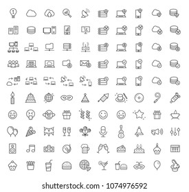 Set of 100 High Quality Universal Standard Minimal Simple White Thin Line Network , Technology , Analytics and Party Black Icons on White Background 