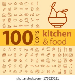 set of 100 icons of different types of cookware, food, fruits and vegetables on a colored background
