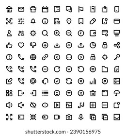 Set of 100 icons for Ui and web. Office and Applications vector line icon set.