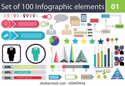 Set of 100 infographic elements, icon pack, charts, graphics, coloured, percentage, economy, statistics, ready to use, vector illustration! ESP 10, customizable layout