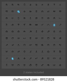 Set of 100 interface buttons for business, entertainment, education and science. Two states included: regular and highlighted. Icons and backgrounds are in separate layers. Vector illustration.