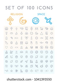 Set of 100 Isolated Minimal Modern Simple Elegant White Stroke Icons ( Christian Islamic and Space )