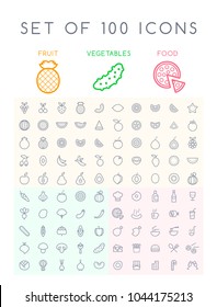 Set of 100 Isolated Minimal Modern Simple Elegant White Stroke Icons ( Fruits , Vegetables and other Food )