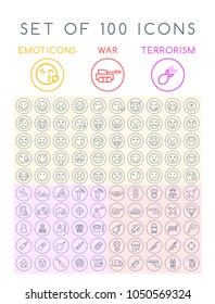 Set of 100 Isolated Minimal Modern Simple Elegant Black Stroke Icons on Circles on White Background ( Emoticons , War and Terrorism )