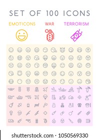 Set of 100 Isolated Minimal Modern Simple Elegant Black Stroke Icons on Circles on White Background ( Emoticons , War and Terrorism )