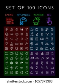 Set of 100 Isolated Minimal Modern Simple Elegant White Stroke Icons ( Casino Home Appliances Weather SEO and Development ) on Black Background