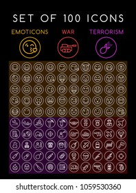 Set of 100 Isolated Minimal Modern Simple Elegant White Stroke Icons on Circles on Black Background ( Emoticons , War and Terrorism )