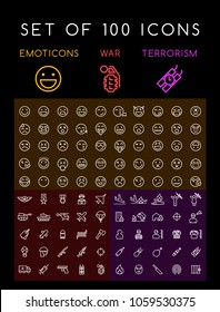 Set of 100 Isolated Minimal Modern Simple Elegant White Stroke Icons on Circles on Black Background ( Emoticons , War and Terrorism )