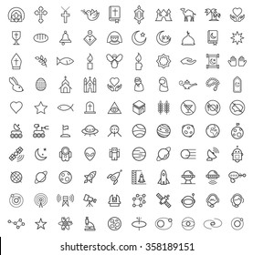Set of 100 Isolated Minimal Modern Simple Elegant White Stroke Icons ( Christian , Islamic and Space )