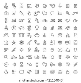 Set of 100 Isolated Minimal Modern Simple Elegant White Stroke Icons ( Politics and Police ).
