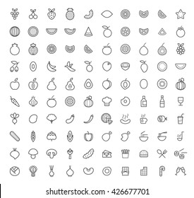 Set of 100 Isolated Minimal Modern Simple Elegant White Stroke Icons ( Fruits , Vegetables and other Food ).