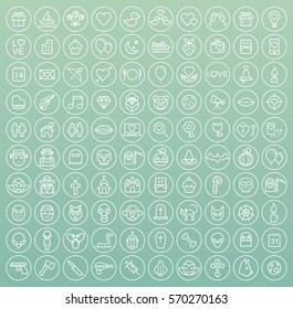 Set of 100 Isolated Minimal Modern Simple Elegant White Stroke Icons on Circular Buttons on Color Background ( Valentine's Day , Halloween and Scary Elements )