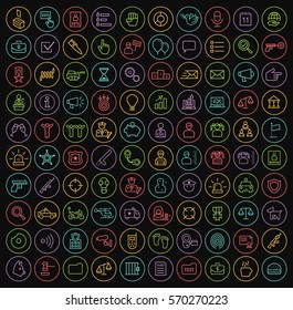 Set of 100 Isolated Minimal Modern Simple Elegant Color Stroke Icons on Color Buttons  on Black Background ( Politics and Police ).
