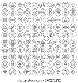 Set of 100 Isolated Minimal Modern Simple Elegant Black Stroke Icons on Circular Buttons on White Background ( Valentine's Day , Halloween and Scary Elements )