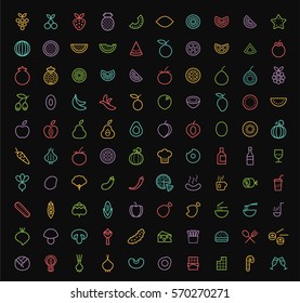 Set of 100 Isolated Minimal Modern Simple Elegant Color Stroke Icons on Black Background ( Fruits , Vegetables and other Food )